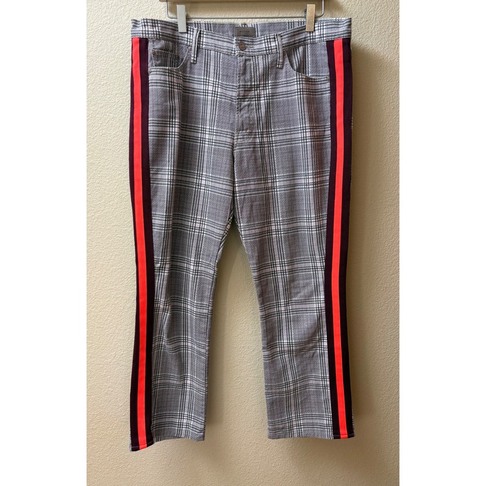 Mother The Insider Ankle Plaid Side Stripe Jeans Grey Orange Burgundy Size 34 - Picture 2 of 9